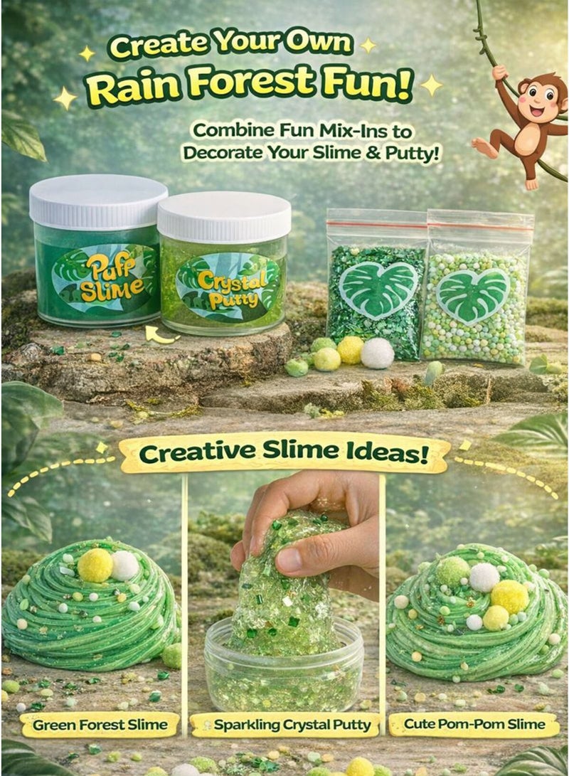 GreaTeam Rain Forest Putty Kit 2-in-1 Crystal Putty and Puff Slime Sensory Toy Kids DIY Slime Set Age 3 Years+ with Mixing Shaping Stretching Decorating Fun 235g Crystal Putty, 160g Puff Slime, Green Glitter 3g, Round Glitter/Green Confetti 3g, Green Tube Beads 5g, Assorted Accessories 5g, 12 Pompon Balls, Foam Beads Bag Baby Creative Play, Stress Relief, Party Favor, Birthday Gift, School Activity, Arts & Crafts Toy for Boys Girls - Image 4